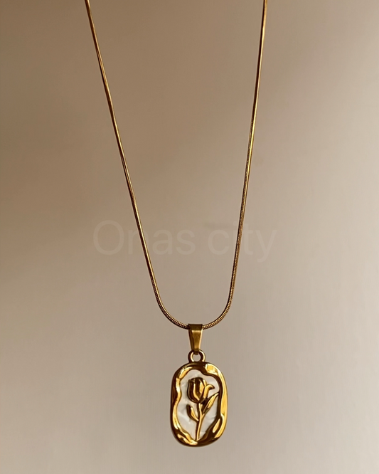 Gold rose with white background necklace